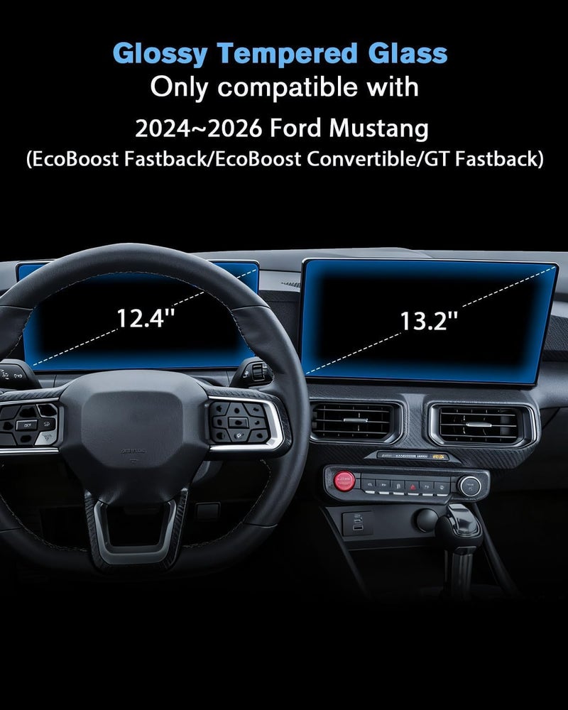 WEIPIN For 2PCS Glossy Tempered Glass 2024 2025 2026 Ford Mustang 13.2 Inch Touchscreen & 12.4 Inch Dashboard Split Screen Protector - Mustang (EcoBoost Fastback/EcoBoost Convertible/GT Fastback) - Image 2